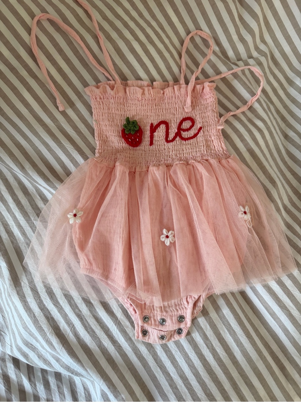 Custom Embroidered First Birthday Romper | Strawberry “One” Tutu Bodysuit |